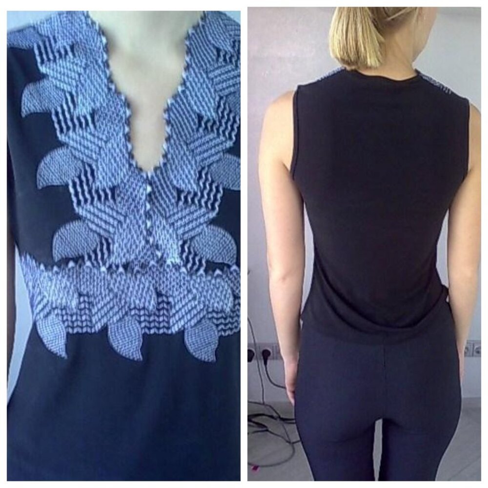 French Stylish Black Top  Sleeveless Blouse With Silver Embroidery